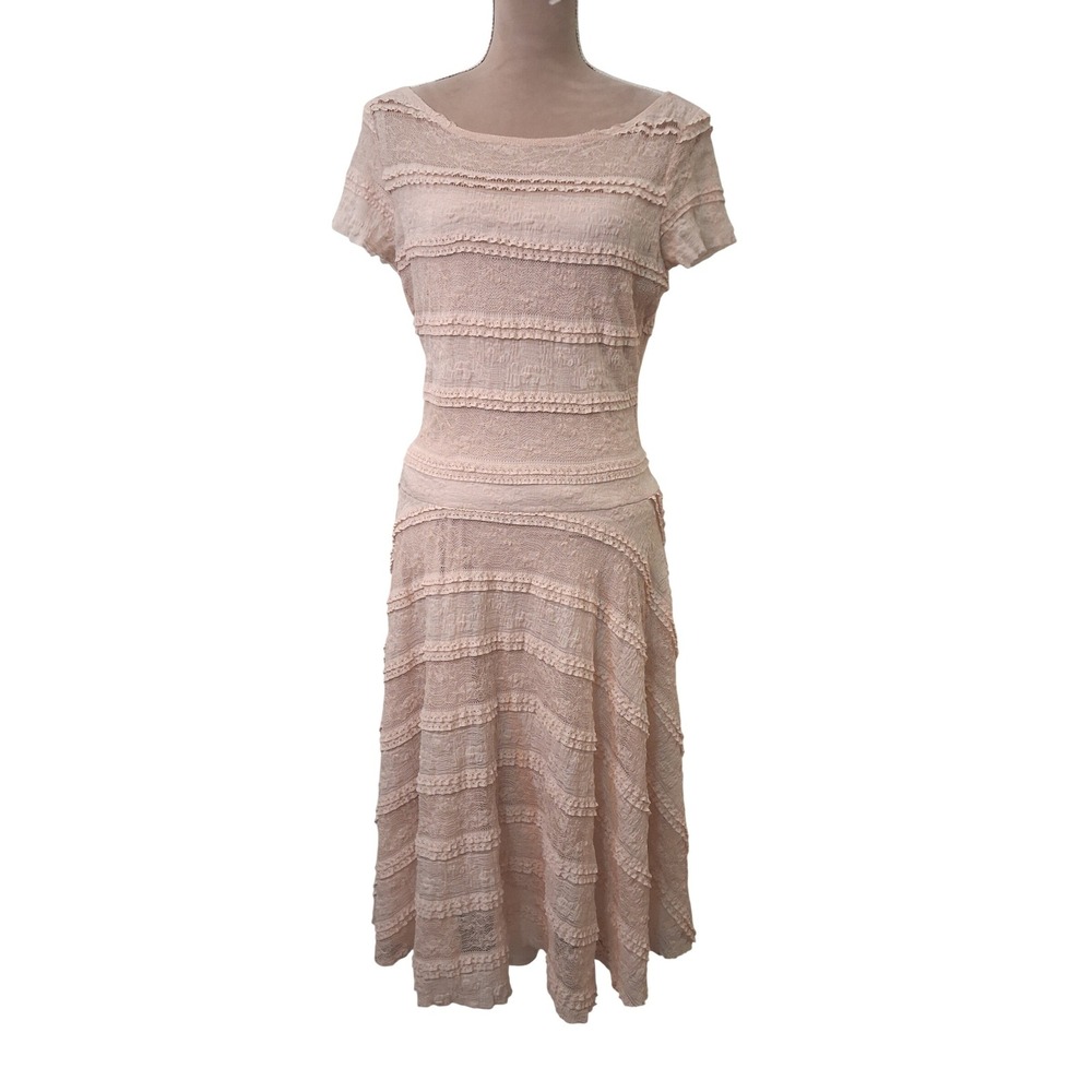Sangria Pale Pink Tiered Lace Ruffle Midi Dress Short Sleeve Size 10